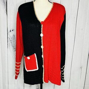 Vintage Fia Italia Handloomed Cardigan Sweater Red Black Colorblock Sz L V-Neck